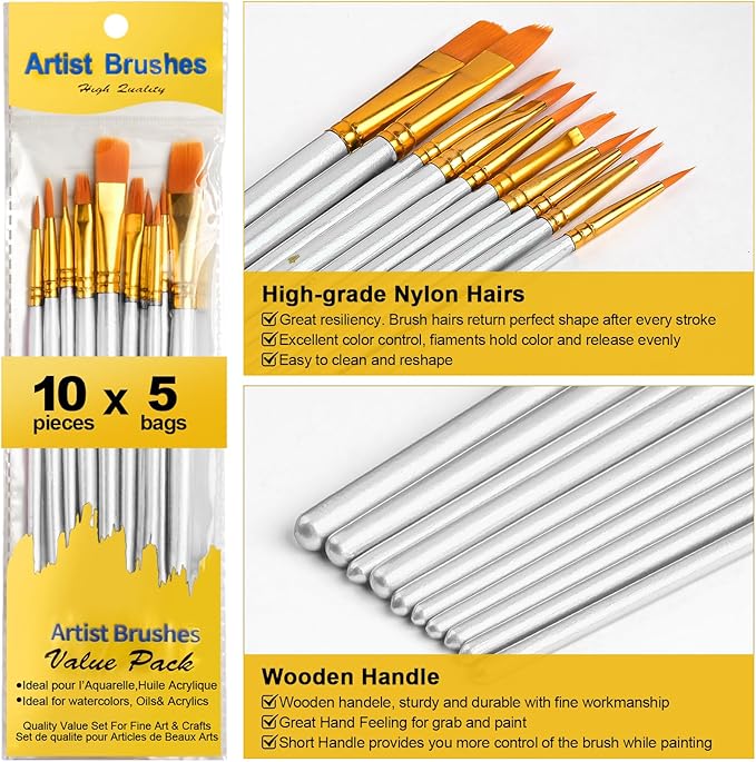 Acrylic Paint Brushes Set, 50Pcs Round Pointed Tip Artist Paintbrushes for Acrylic Painting Oil Watercolor Canvas Boards Rock Body Face Nail Art, Halloween Pumpkin Ceramic Crafts Supplies，White