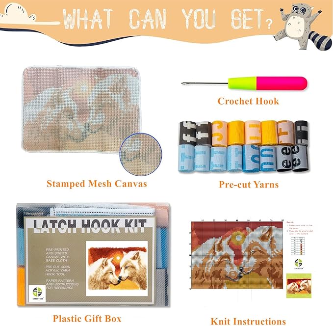 Latch Hook Kits for Adults - DIY Latch Hook Rug Kits for Kids, Crochet Kit for Beginners, Rug Making Kits with Printed Canvas, Gift Packaging.(White Wolf King, 20x15)