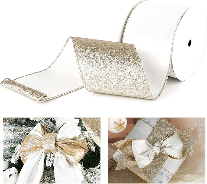 White Velvet Wired Ribbon with Glitter Back 4 Inch White and Gold Christmas Ribbon Wired Ribbon for Christmas Tree, Gift Wrapping, Mantel, Wreaths Supplies, Topper Bows (10 Yards)