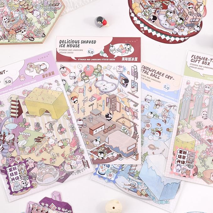 4 Sets DIY 3D House Stickers, Scene Miniature Scene Stickers, Cute Cartoon Scenes for Women Girls Teen Kids, Make Your Own Sticker, Fun Room Sticker BookRelief Stress Pass The Time