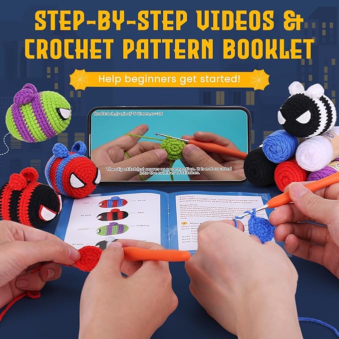 Crochetta Crochet Kit for Beginners, Crochet Starter Kit w Step-by-Step Video Tutorials, Beginner Crochet Kit for Adults Kids Women Men Complete Kit Included (4 Cool Bees)