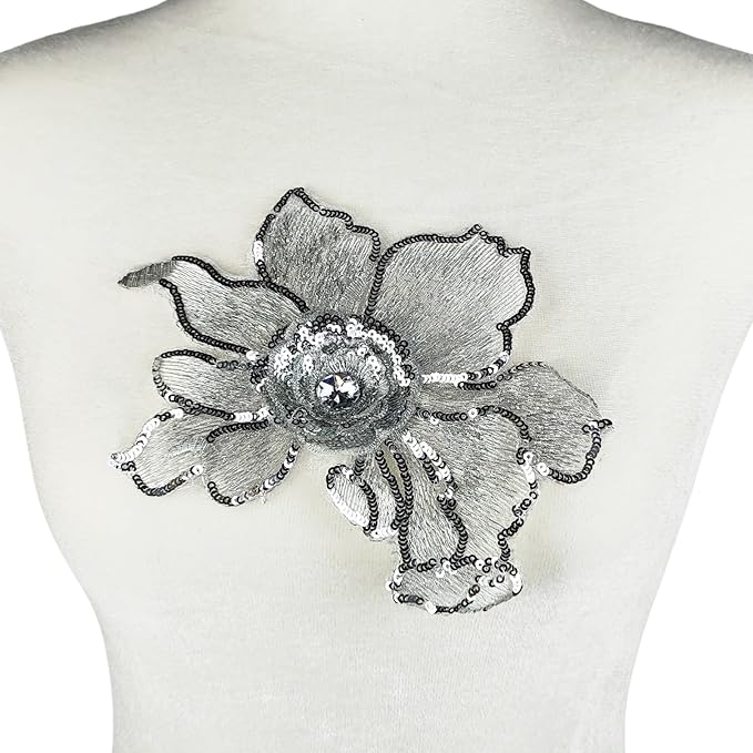 2 PC 3D White Sequin Lace Trim Rhinestones Applique Patches for Wedding Bridal Dress Decoration DIY Sewing Clothing Decoration, 7 x 5.9 Inch