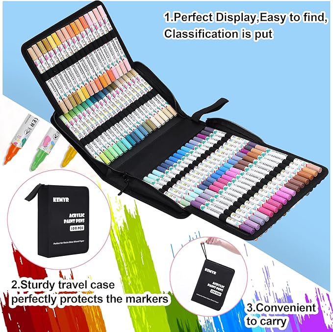 100 Colors Acrylic Paint Pens, Dual Tip Acrylic Paint Markers for Paper, Wood, Canvas, Stone, Rock Painting, Glass, Fabric, DIY, Ceramic, Art Supplies for Kids and Adults Drawing (Dot + Fine)