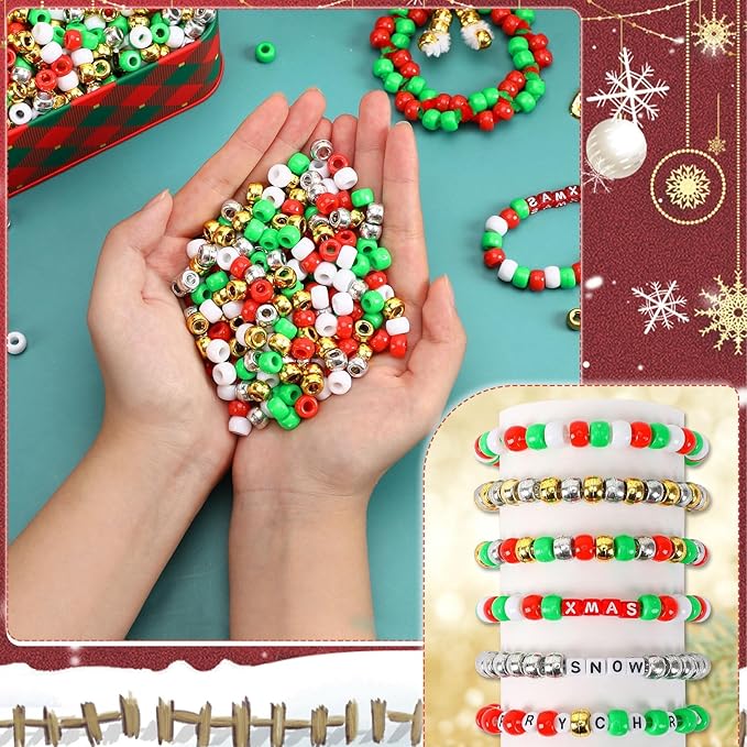 UPINS Christmas Pony Beads, 1200Pcs Red White Green Gold Silver Plastic Beads Christmas Necklace Hair Beads Crafts DIY