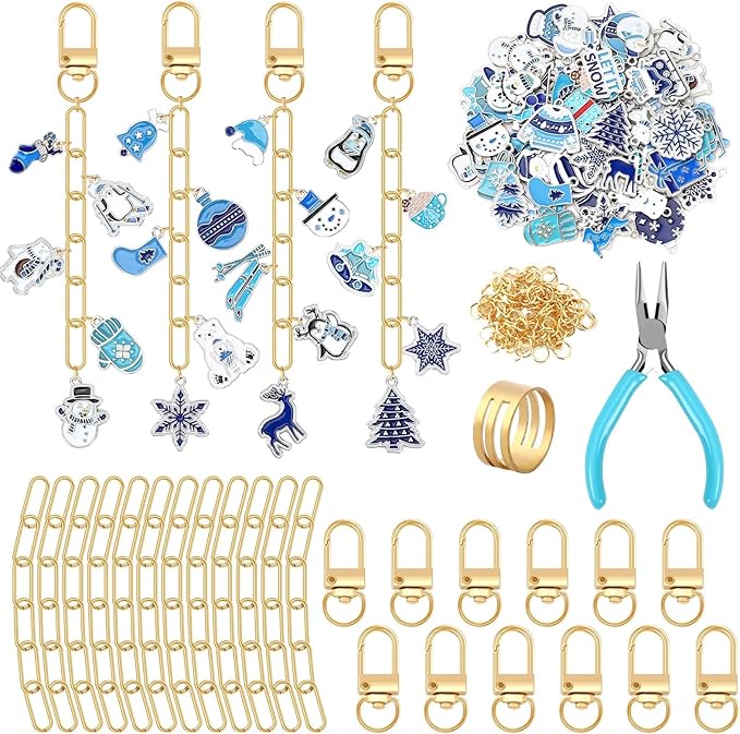 AUGSUN 189 Pcs Christmas Winter Keychain Making Kit, Charm Jewelry Chain 60 Charms 12 Keychain Clips Hooks 15 Extender Chains 100 Jump Ring and Jewelry Plier for DIY Crafts Accessories Holiday Gifts