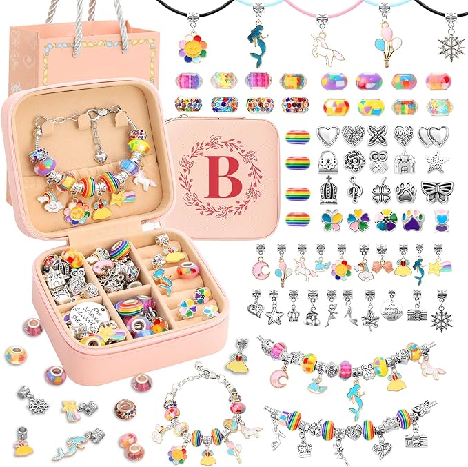 SUREHOME Charm Bracelet Making Kit, Art and Crafts for Girls 8-12 Kids Jewelry Making Kit Tween Trendy Stuff for Ages 6-8 7 9 10 11 12 Years Old Girls Birthday Christmas Gifts Initial Jewelry Box - B