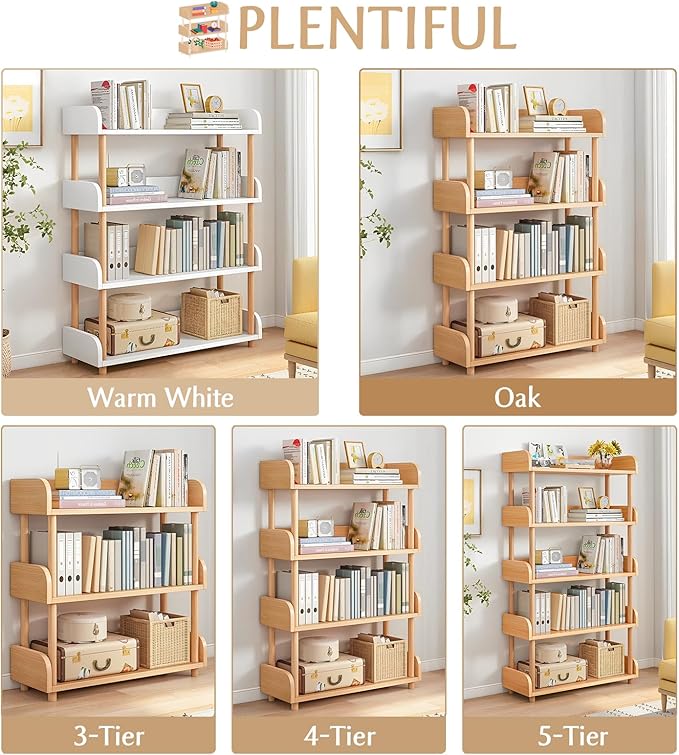 4-Tier Wooden Open Bookcase - Modern Display Bookshelf with Top Edge and Solid Wood Frame for Home and Office, Storage Cabinet, Oak
