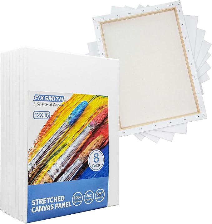 FIXSMITH Stretched White Blank Canvas - 12 x 16 Inch, Bulk Pack of 8, Primed, 100% Cotton, 5/8 Inch Profile of Super Value Pack for Acrylics,Oils & Other Painting Media.