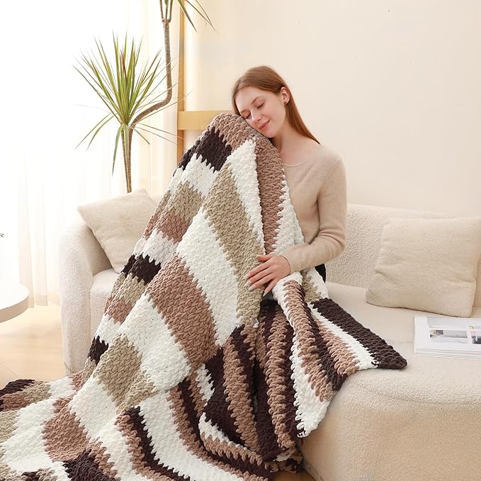 #6 Super Bulky Blanket Yarn for Crocheting - 4 Skeins(Each 10.5oz/300g, 220yds/201m), Chunky Chenille Thick Plush Big Soft Yarn for Crocheting Knitting Blankets, Dark Coffee