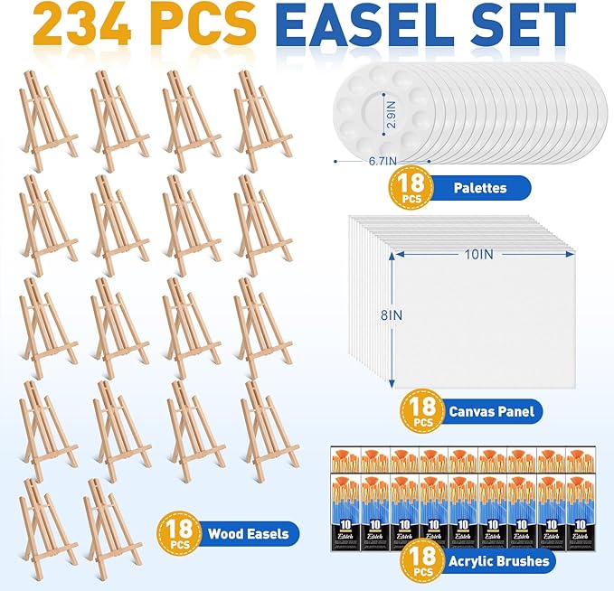 ESRICH 234 Pack Canvas with Easel Set 8 x 10 in Canvas Boards with 11.8 in Wooden Easels, Paint Brushes Canvas Panel Painting Kit for Acrylic Oil Watercolor Beginners Art Crafts Sip and Paint Party