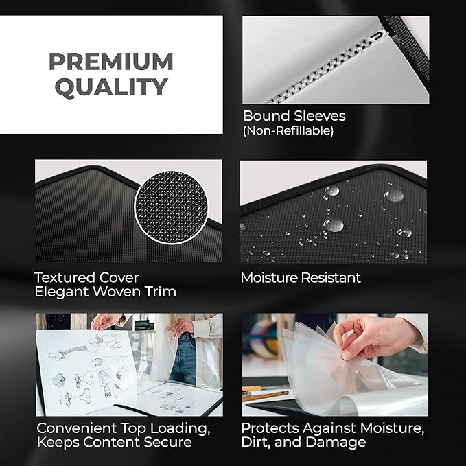 Dunwell 11x17 Art Portfolio Binder with Black Mounting Paper (Black), Large Portfolio Folder for Artwork Storage, 24 Clear Plastic Sleeves, Displays 48 Pages, Acid-Free 11 x 17 Presentation Book