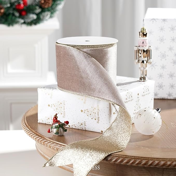 Taupe Velvet Wired Ribbon with Glitter Back 4 Inch Camel and Gold Christmas Ribbon Wired Taupe Ribbon for Christmas Tree, Gift Wrapping, Mantel, Wreaths Supplies, Topper Bows (10 Yards)
