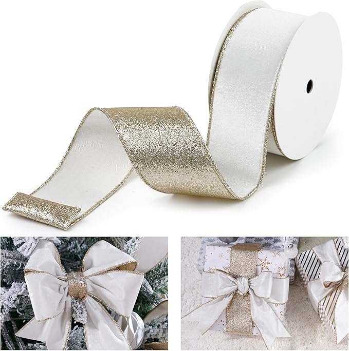 White Velvet Wired Ribbon with Glitter Back 2.5 Inch White and Gold Christmas Ribbon Wired Ribbon for Christmas Tree, Gift Wrapping, Mantel, Wreaths Supplies, Topper Bows (10 Yards)