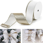 White Velvet Wired Ribbon with Glitter Back 2.5 Inch White and Gold Christmas Ribbon Wired Ribbon for Christmas Tree, Gift Wrapping, Mantel, Wreaths Supplies, Topper Bows (10 Yards)