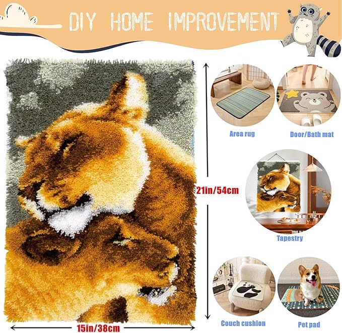 Latch Hook Kits for Adults - DIY Latch Hook Rug Kits for Kids, Crochet Kit for Beginners, Rug Making Kits with Printed Canvas, Gift Packaging. Lion Pattern (15x21 Inch)
