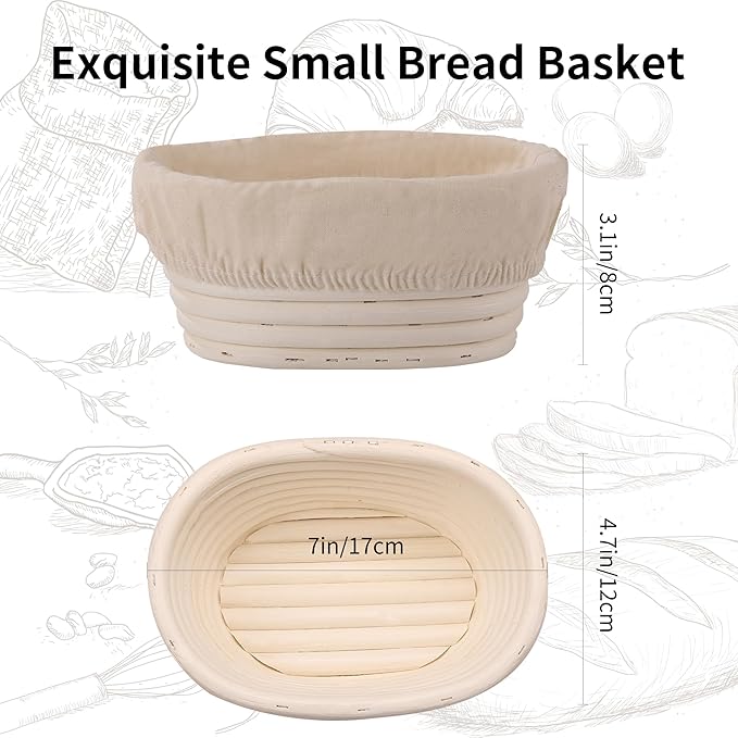 (6.7x4.7x3in) Mini Banneton Bread Proofing Basket Set of 6, Oval Sourdough Bread Basket with Liner Professional & Home Bread Baking Supplies (Small Oval)
