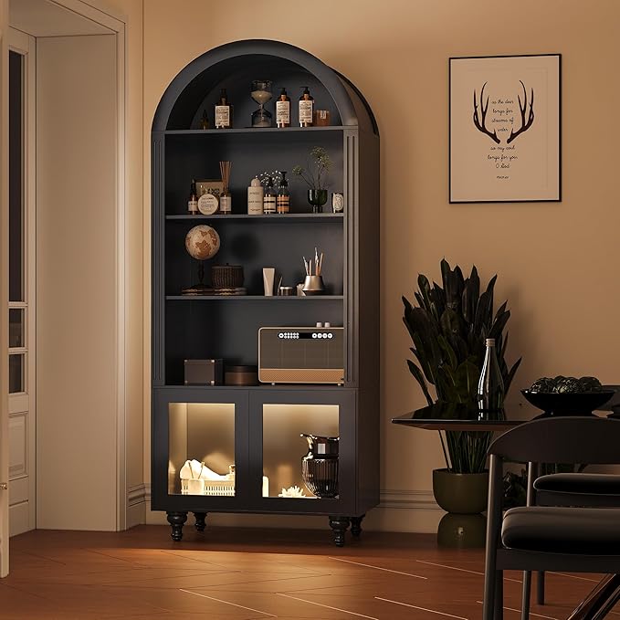 Wooden Arched Display Storage Cabinet with Glass Door, LED Lights,Showcase for Collections, Perfume, Vinyl Albums, Bookcase for Home Office, Living Room, Clinic, Pantry (Black-Arched top)