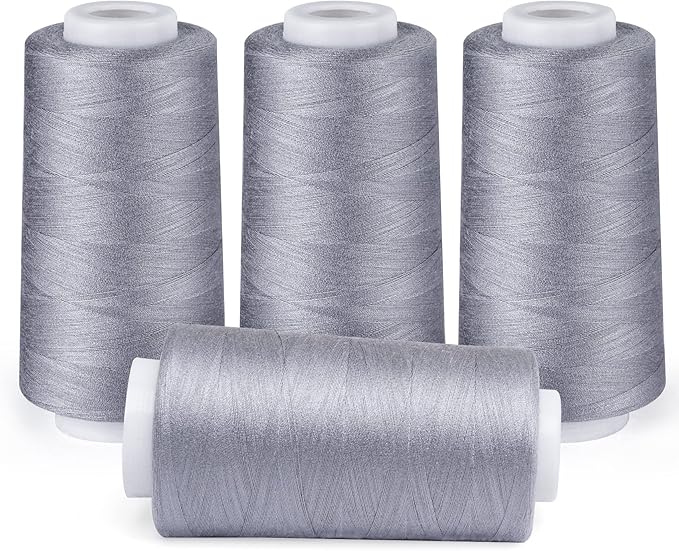 ilauke 3000 Yards Serger Thread of 4 Cones Each Spool 100% Polyester Sewing Thread All Purpose Sewing Thread for Serger Sewing Machine, Overlock Cone Sewing Supplies, 40S/2 Grey