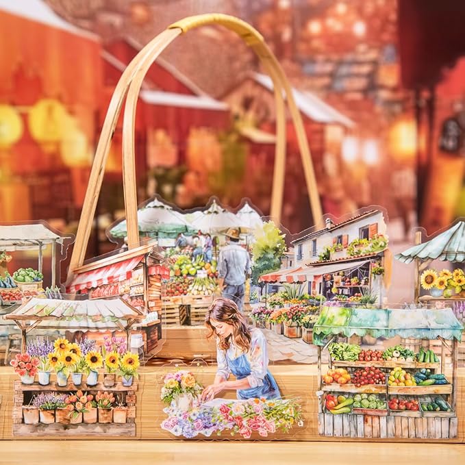 TIAMECH Bazaar PET Stickers - 80 Pcs Fruit Stand Food Street & Flower Vegetable Market Design, Waterproof Sticker for Journaling & Scrapbooking, Junk Journal Supplies, Ephemera & DIY Crafts