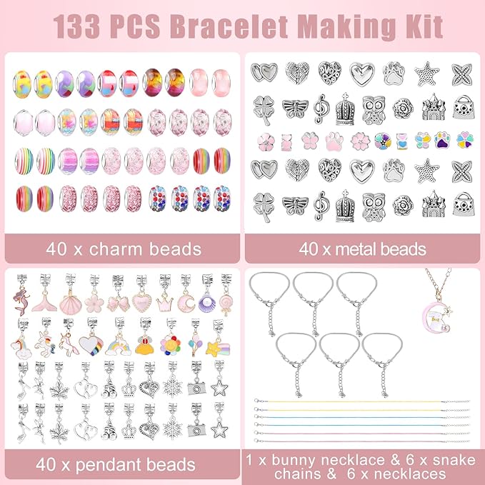 Emibele Bracelet Making Kit for Girls, 133 PCS Jewelry Making Kit DIY Art Crafts Toy with Portable Jewelry Organizer Box for Girls 5-12, Gifts for Teens Women on Birthday Valentines Christmas