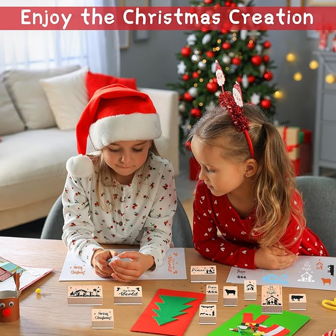 Woanger 15 Pcs Christmas Wooden Rubber Stamps and Craft Ink Pads Nativity Religious Christmas Craft Pads for Scrapbooking DIY Stamps Paper Wood Fabric Advent Holiday