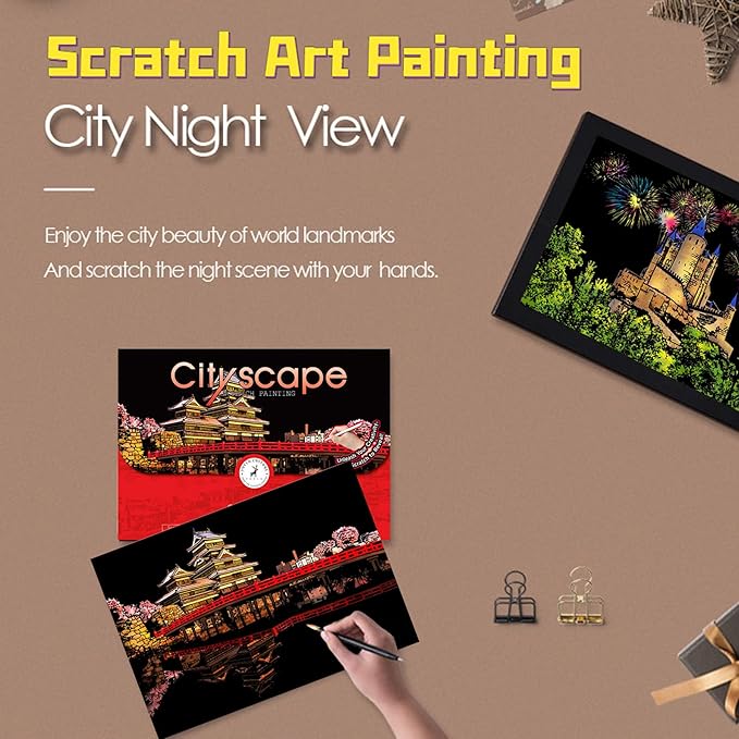 Scratch Art for Adults-Scratch Painting Craft Kit (4 Sheets 16x11 in)|Foil Engraving Art Set|Stress Relief Gift for Travel Lovers,Craft Lovers|Creative Scratch Art Home Decor(City Scape 3)