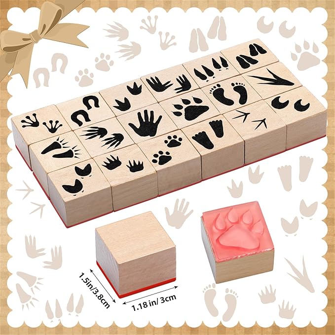 MotiMind 18 Pcs Animal Footprints Wood Stamps Set Wooden Rubber Holiday Stamps for Card Making Decoration and Scrapbooking Supplies