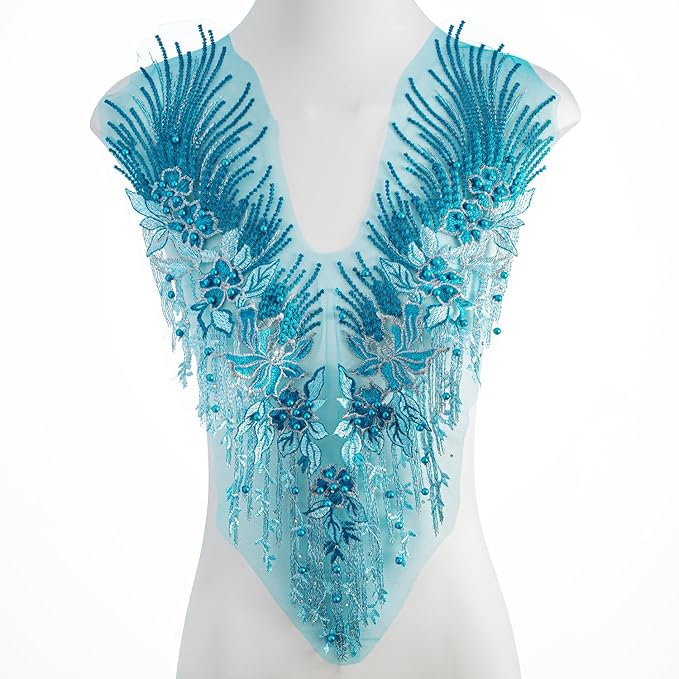 Beaded Pearl Flower Fabric Lace Applique, Floral Embroidered Patches Handmade Sewing Tool for DIY Neckline Bodice Wedding Bridal Prom Dress(Sky Blue-Small)