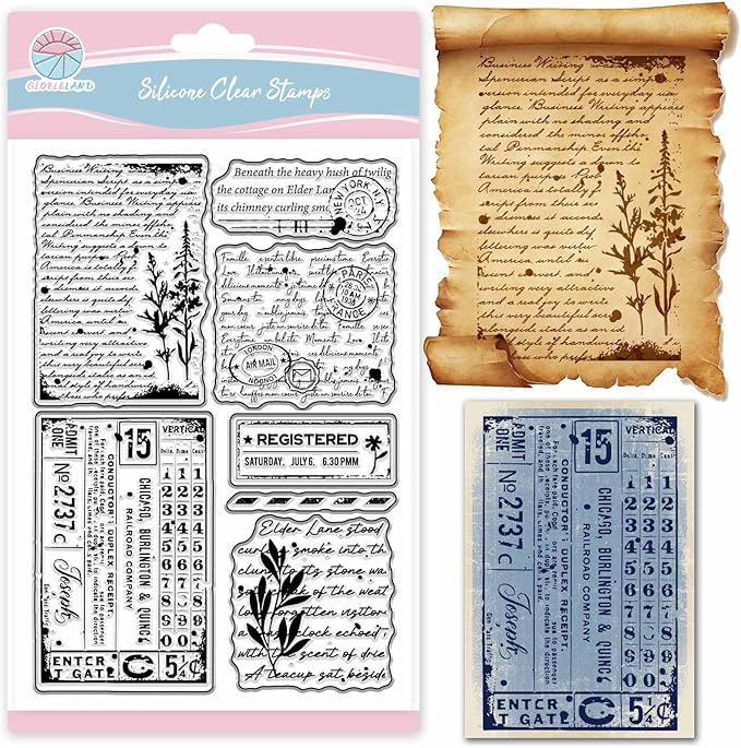 GLOBLELAND Vintage Background Clear Stamp for Scrapbooking Text Texture Silicone Stamps Retro Plants Transparent Stamp for Card Making DIY Embossing Journaling