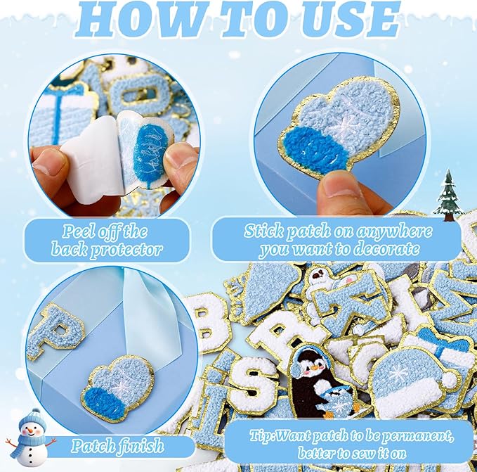 72 Pcs Winter Stickers Patches Snowflake Chenille Christmas Patches Self Adhesive Embroidered,Include 52 A-Z Letters Patch,20 Snowman Gloves Penguin Stick on Patch for Trucker Hats Backpacks Bags