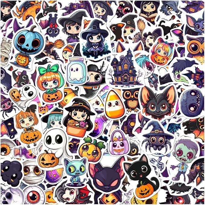 Halloween Style Cartoon Stickers Pack Cute Ghost Witch Pumpkin Cat Designs Vinyl Waterproof Non Repeating Holiday Party Decor for Kids Teens Lovers 108Pcs Hat Skateboard