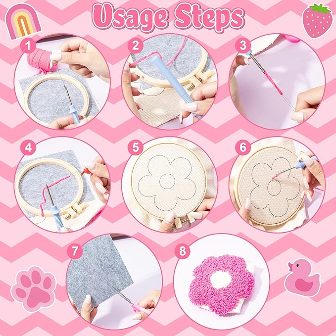 WATINC Christmas Punch Needle Coaster Kits - 23Pcs Easy Art Work Decor Craft Supply for Beginners, DIY Set of 6 Pattern Tufted Pads with Adhesive Felt Yarns Tools Instruction Customized Boxes (Pink)