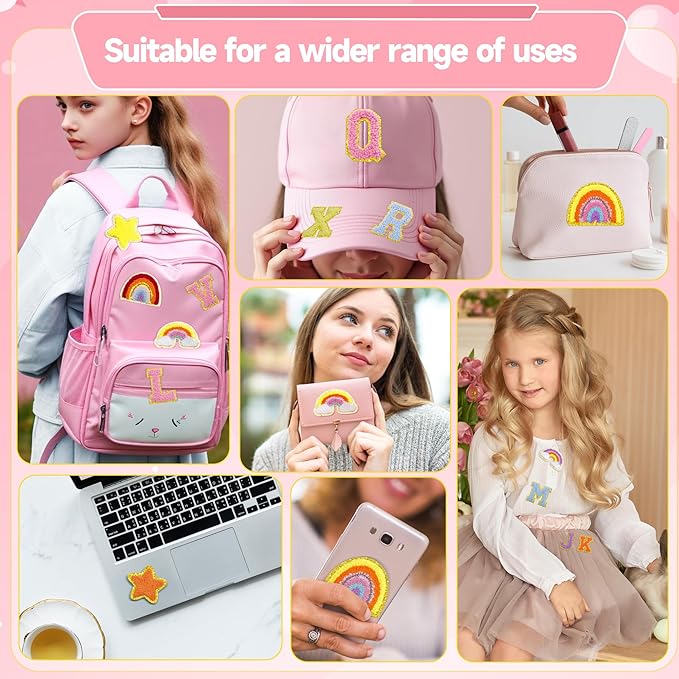 72 Pcs Preppy Cute Embroidered Chenille Letter Patches Self Adhesive,Include 52 A-Z Varsity Letters Patches,20 Star Heart Rainbow Meteor Sew on Repair Patches Boho Stickers for Jackets Backpacks Hats