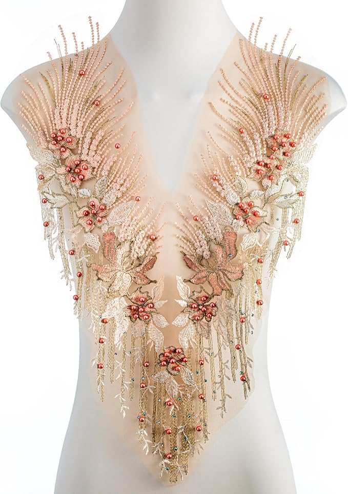 Beaded Pearl Flower Fabric Lace Applique, Floral Embroidered Patches Handmade Sewing Tool for DIY Neckline Bodice Wedding Bridal Prom Dress(Apricot-Small)