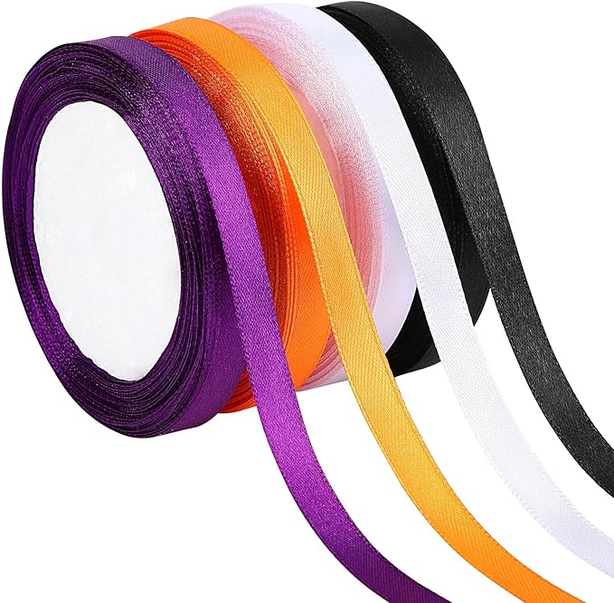 DECYOOL Halloween Ribbons, 4 Rolls 100 Yards Halloween Satin Ribbons 10mm Wide Holiday Gift Wrapping Ribbon for DIY Bows Party Decoration (Orange, Black, Purple, White)