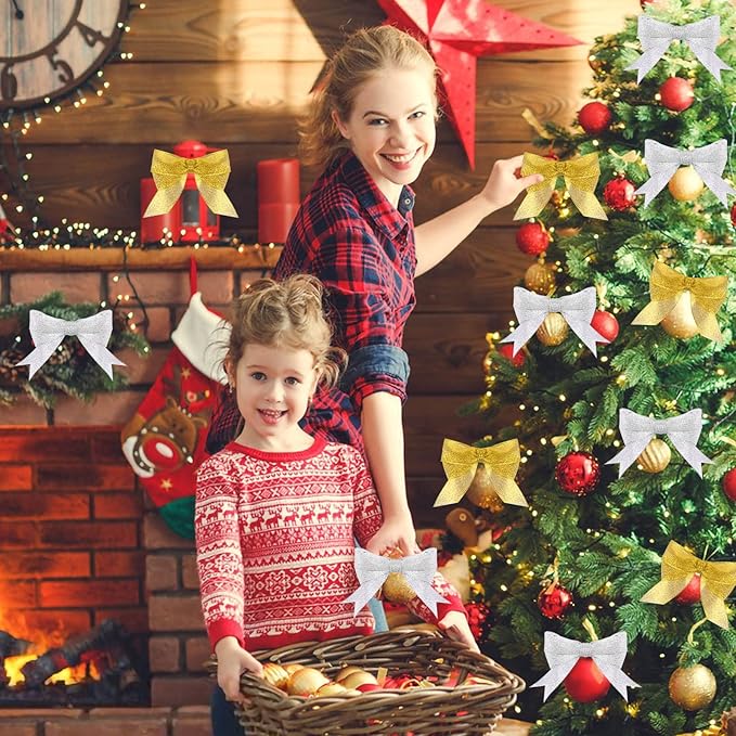 DECYOOL 4 Rolls 100 Yards Christmas Ribbons 1 Inch Wide Holiday Metallic Glitter Ribbons for Gift Wrapping and DIY Craft, Gold & Silver