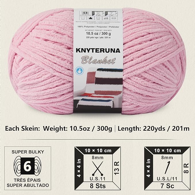 #6 Super Bulky Blanket Yarn for Crocheting - 4 Skeins(Each 10.5oz/300g, 220yds/201m), Chunky Chenille Thick Plush Big Soft Yarn for Crocheting Knitting Blankets, Pink