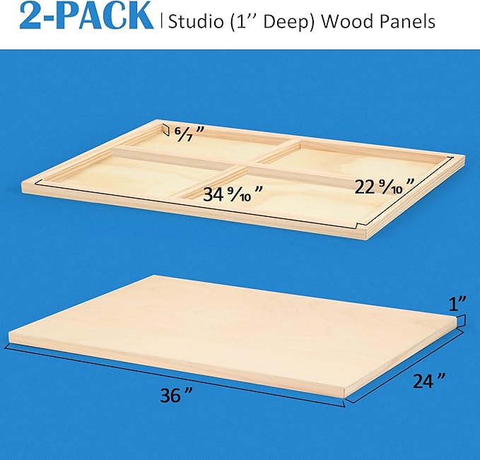 Falling in Art Unfinished Birch Wood Panels Kit for Painting, Wooden Canvas 2 Pack of 24 x36 Studio 1’’ Deep, Cradle Boards for Pouring, Art, Crafts, Burning and More