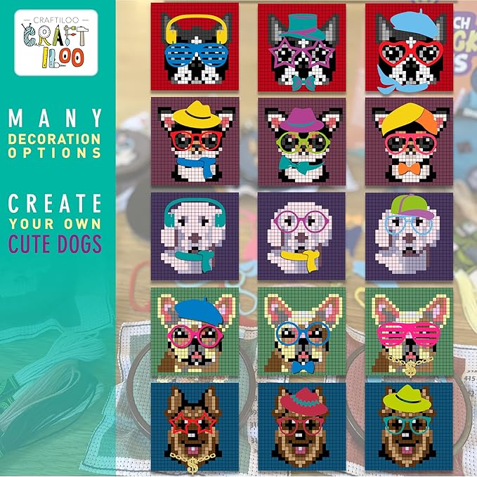 CRAFTILOO Dogs Cross Stitch Kits for Beginners. 5 Stamped Cross Stitch Kits for Kids.Needlepoint Kits for Beginners. Embroidery Kit for Kids. Crossstitch Kit for Beginners. (Dogs)