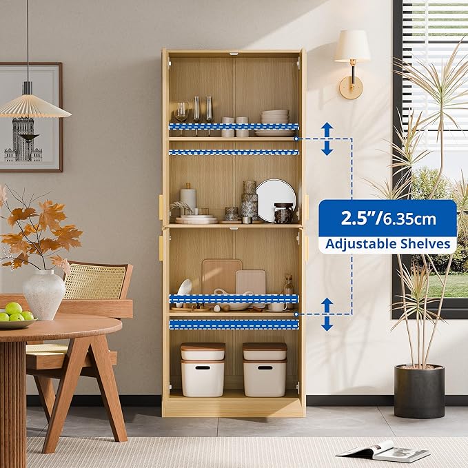 Cozy Castle Kitchen Pantry Cabinet, 71" Tall Wood Storage Cabinet with Doors and Shelves 4 Doors Freestanding Cupboard for Dining Room Living Room Bathroom Furniture, Oak
