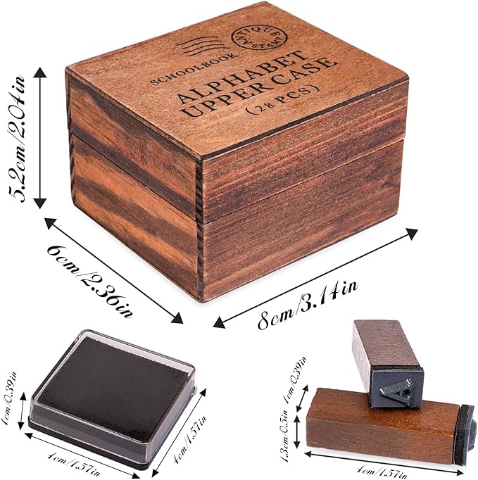 Letter Stamps, 56pcs Alphabet Stamps with Weeks and Weather, Number Stamps with Wooden Case, Vintage Symbol Wood Stamps with Ink Pads Rubber Stamps for Crafting, Card Making, Scrapbooking