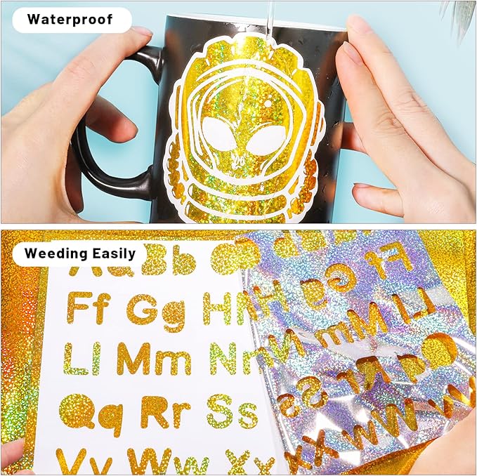 GIRAFVINYL Holographic Gold Glitter Vinyl - 12" x10ft for DIY Crafts, Signs, Home and Car Decal