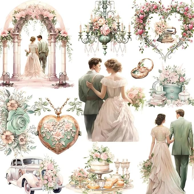 TIAMECH Wedding Lover Paper Stickers - 72 Pcs Bride Couple Rings Party Cake Design, Waterproof Sticker for Journaling & Scrapbooking, Junk Journal Supplies, Ephemera & DIY Crafts