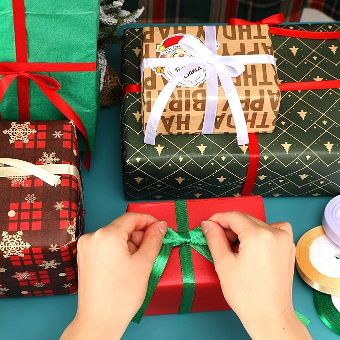 DECYOOL 4 Rolls 100 Yards Christmas Ribbons 10mm Wide Holiday Satin Ribbons Fabric for Gift Wrapping and DIY Craft, Red & Green & Gold &White