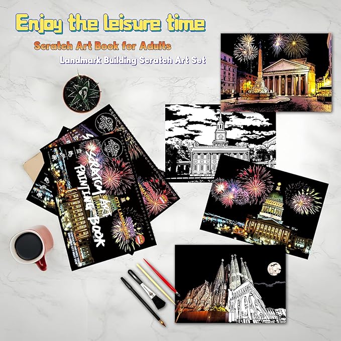 Scratch Art Book for Adults-Landmark Building Scratch Art|Scratch Painting Paper Craft Kit|Creative Foil Engraving Art Set|Scratch City Series Books for Travel Lovers,Craft Lovers(New City 2)