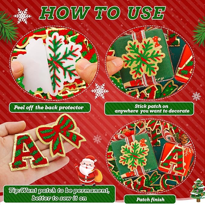 68 Pcs Christmas Patches Red and Green Striped Chenille Letters Patches Self Adhesive Embroidered,Include 52 A-Z Letters Patch,16 Snowflake Christmas Ball Tree Bows Patch Stickers