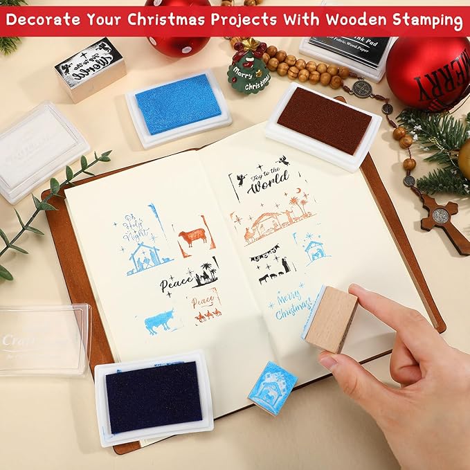 Woanger 15 Pcs Christmas Wooden Rubber Stamps and Craft Ink Pads Nativity Religious Christmas Craft Pads for Scrapbooking DIY Stamps Paper Wood Fabric Advent Holiday
