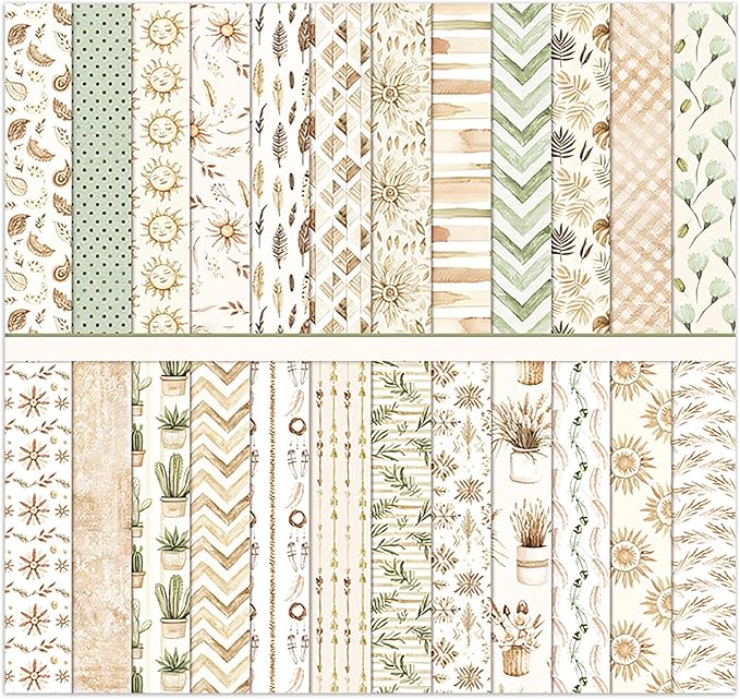 Scrapbook Paper 12x12, 24 Sheets Double-Sided BOHO Patterned Assorted Colors Decorative Crafting Paper for Origami Classroom Crafting Projects