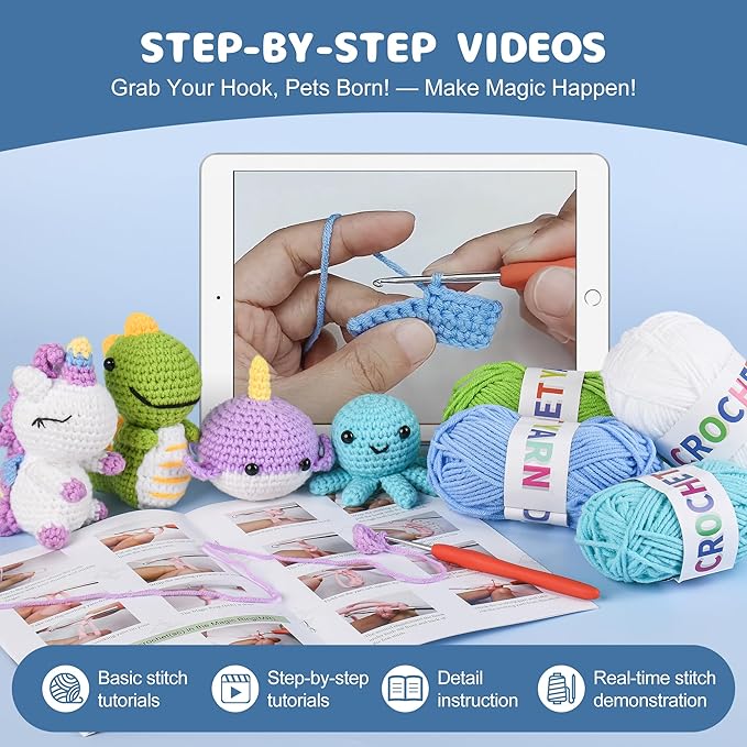 MINGOMINGO Crochet Kit for Beginners - 6 Pack Animals Amigurumi, Craft Knitting Crochet Starter Kits with Step-by-Step Video Tutorials - Animals Knitting Kit (40%+ Yarn)