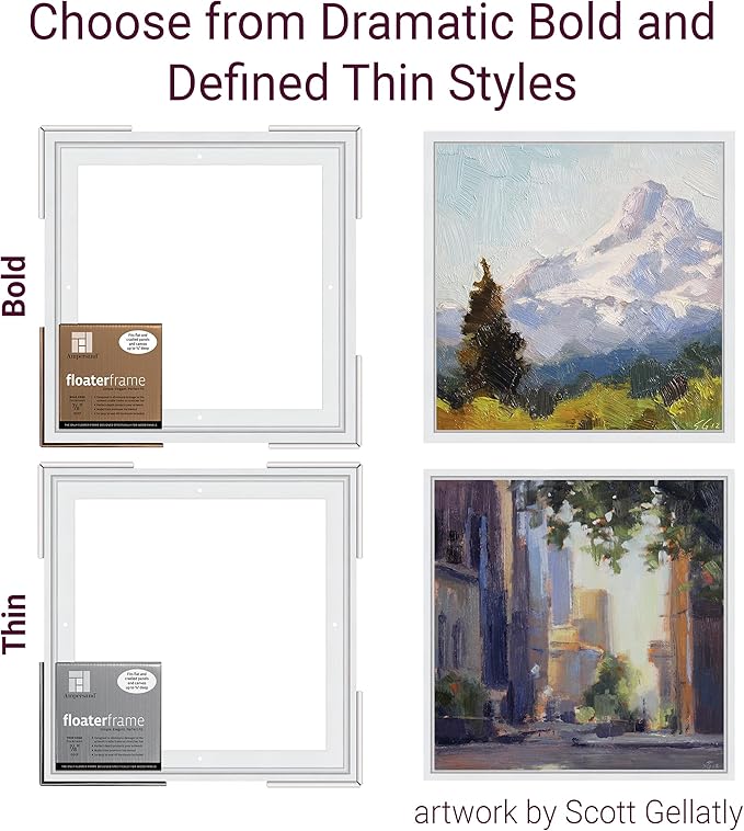 Ampersand Art Supply Floaterframe Readymade Frame for Flat and 7/8" Deep Wood Panel and Canvas Artwork, Paintings, Prints, and More, 11"x14", White Thin